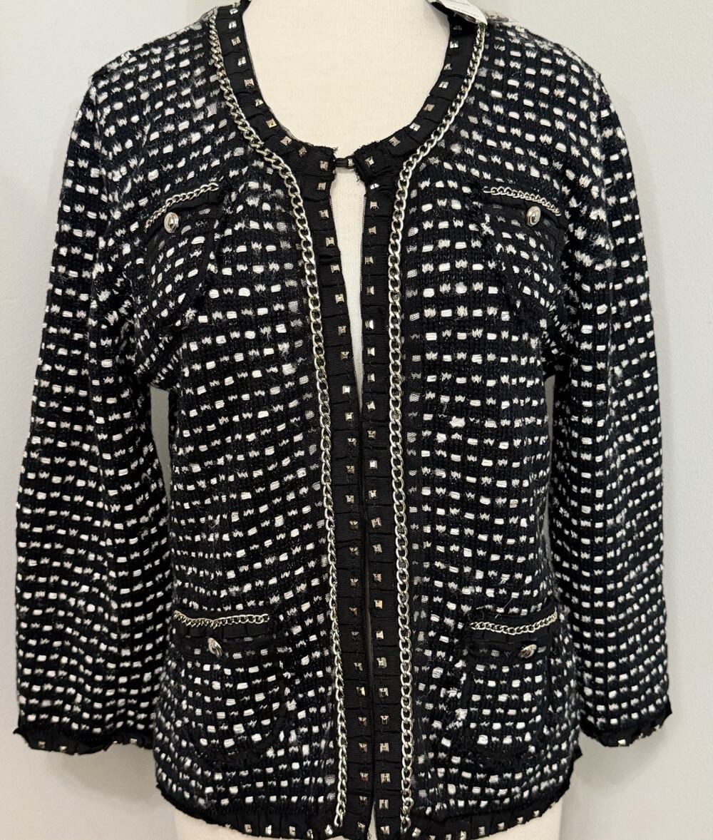 White House Black Market Tweed Embellished Cardigan Sweater Jacket L NWT $128